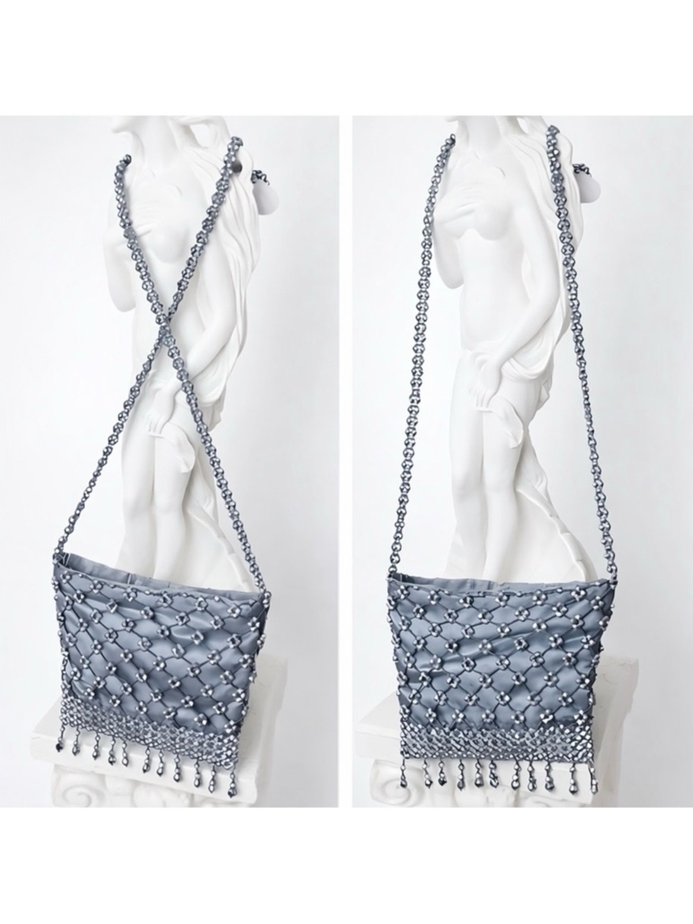 Vintage Beaded Evening Bag Gunmetal Gray Zippered Top Access